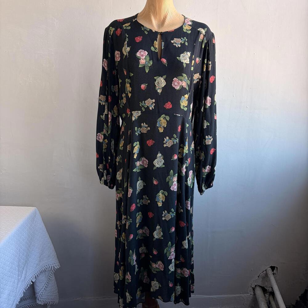 Nicole Miller Collection Floral Maxi Dress Women L Black Long Sleeve Boho